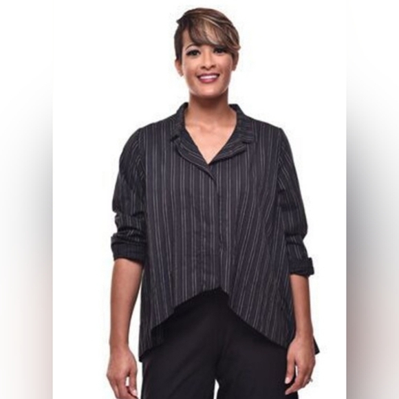 Tulip Tops - Tulip Black & White Pin Stripe Lagenlook Cotton Collared Shirt Size XLarge NEW